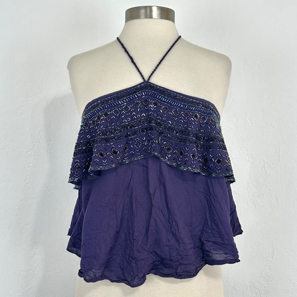 Free People Boho Fairy Whimsigoth Halter Top Size Small Purple Beaded Cropped